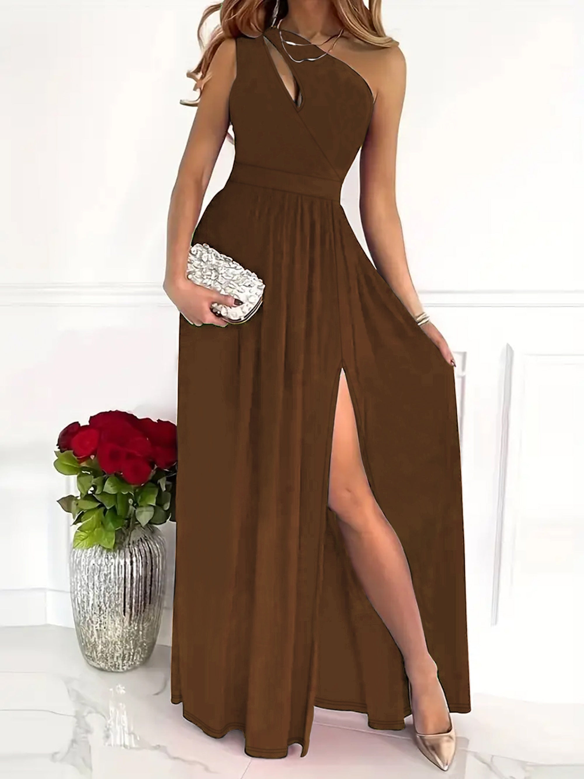 Voocci elegant one shoulder dress in brown with a thigh-high slit and stylish cutout design