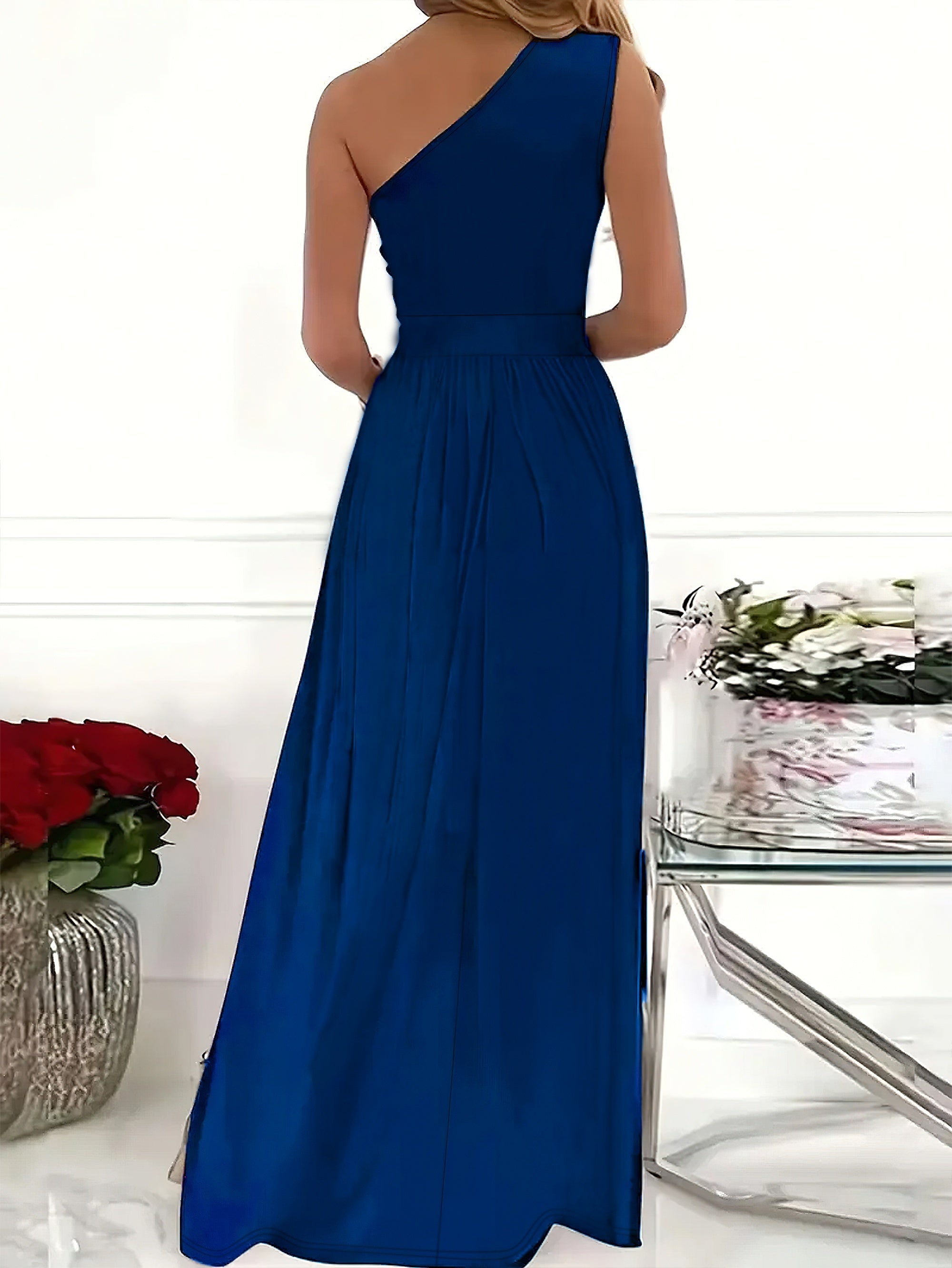 Voocci elegant one shoulder dress in blue, showcasing a sleek back design and floor-length silhouette