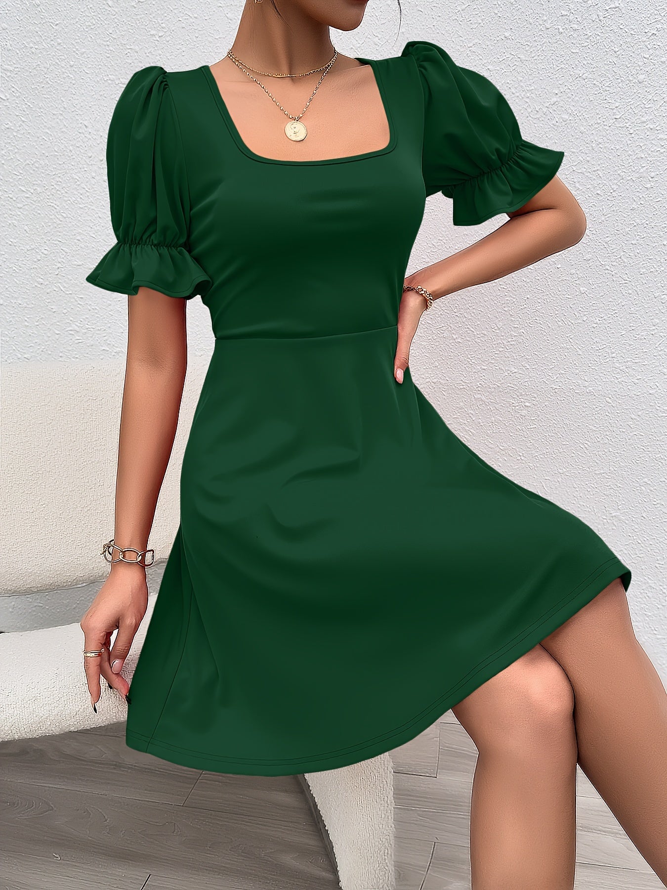 Voocci elegant puff sleeve dress in dark green with a flattering square neckline for a stylish look