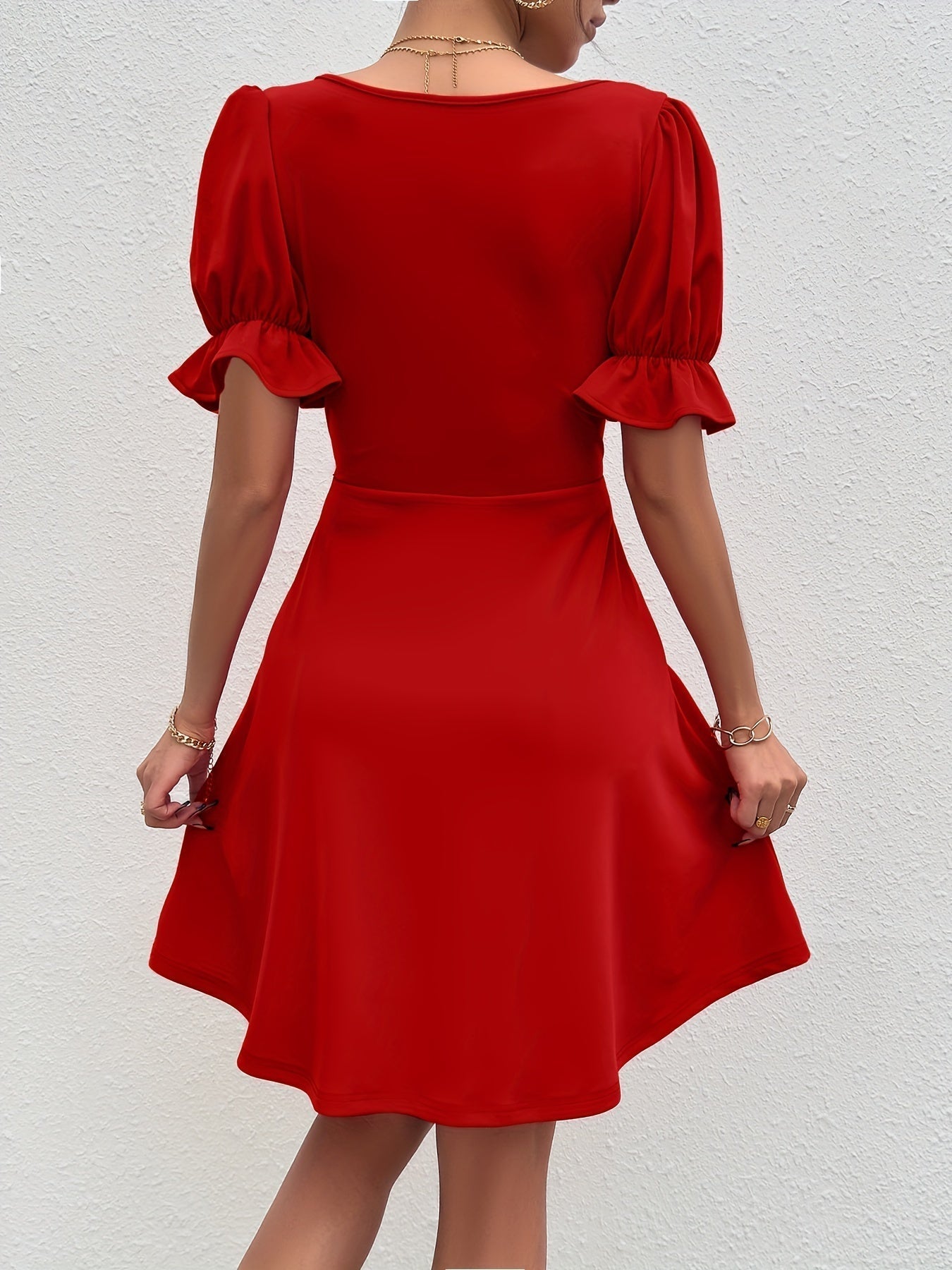 Voocci™ elegant puff sleeve dress in red with flattering fit and fluttering skirt for stylish occasions