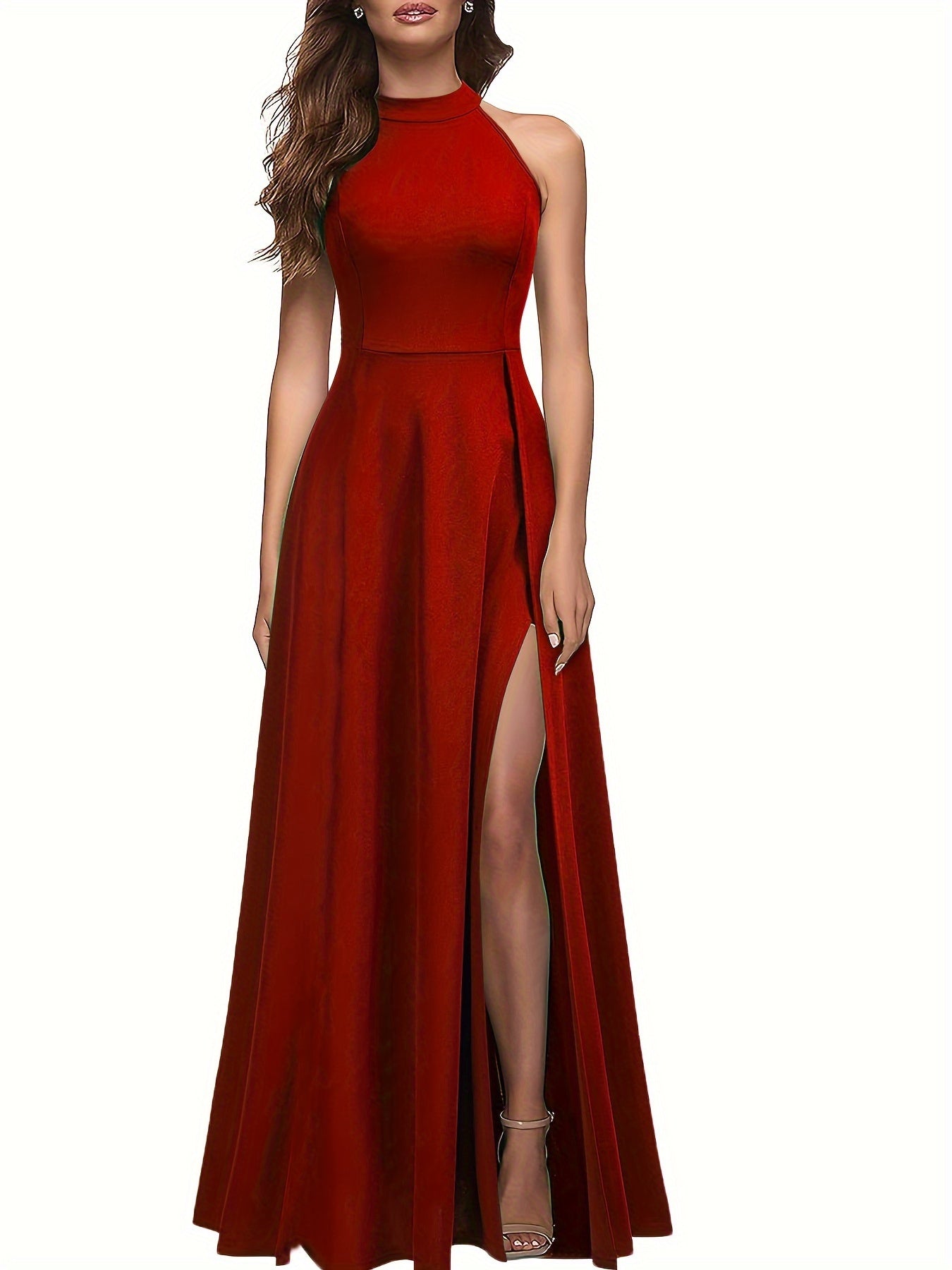 Voocci elegant split thigh maxi dress in red with a halter neckline for formal occasions