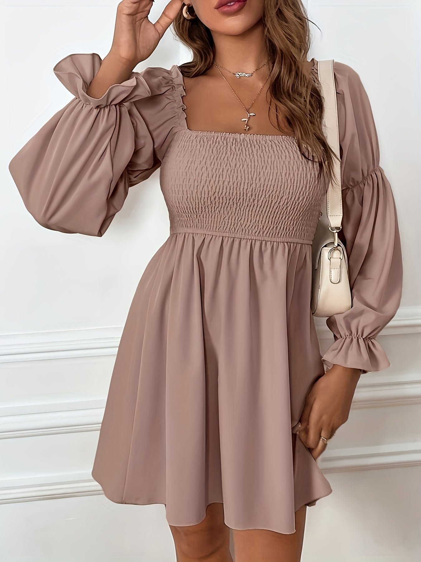 Voocci elegant square neck dress in soft beige with puff sleeves and a fitted bodice