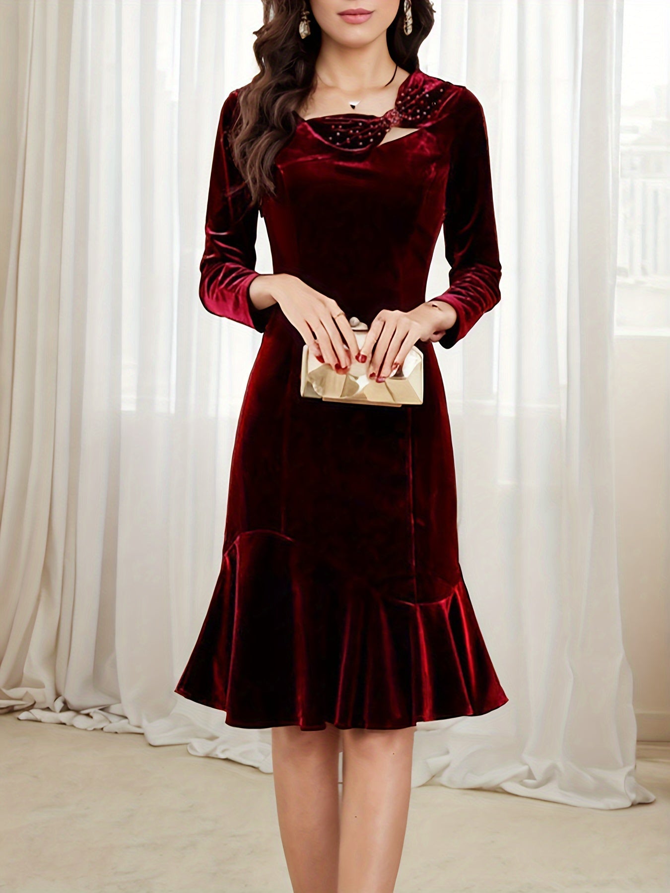 Voocci elegant velvet bodycon dress in deep red with delicate embellishments and flared hem