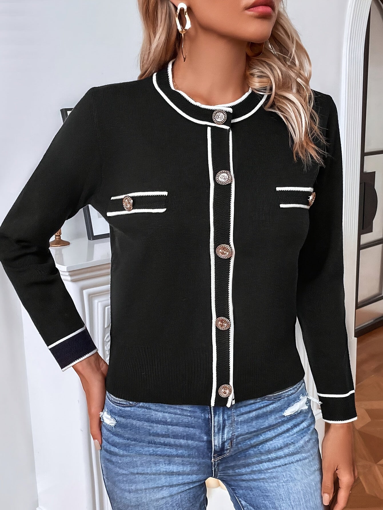 Voocci elegant women's cardigan in black with contrasting white trim and stylish buttons