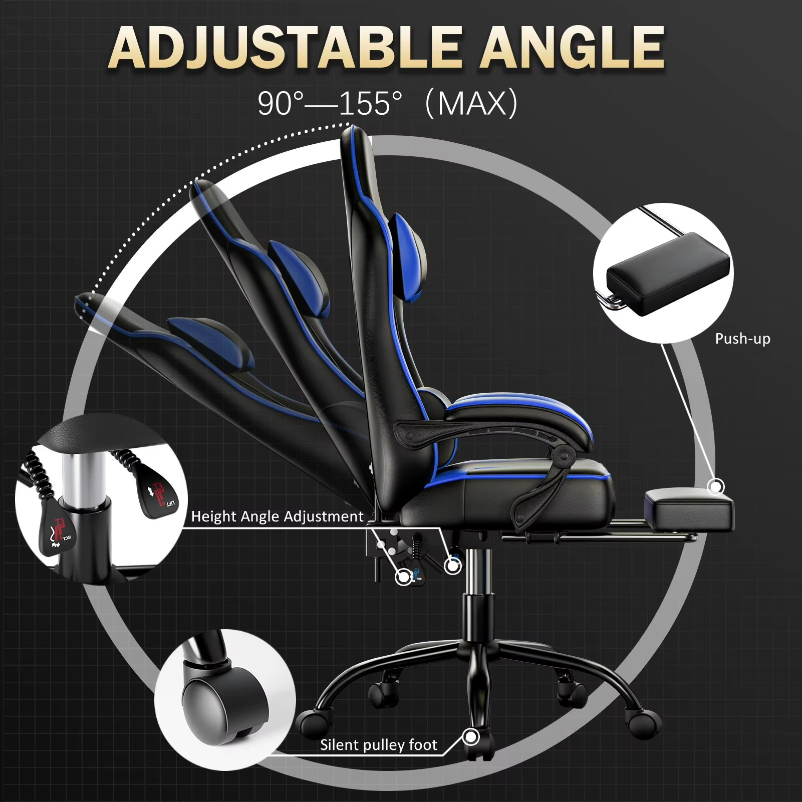 Magazaw ergonomic gaming chair with massager featuring adjustable angles from 90 to 155 degrees