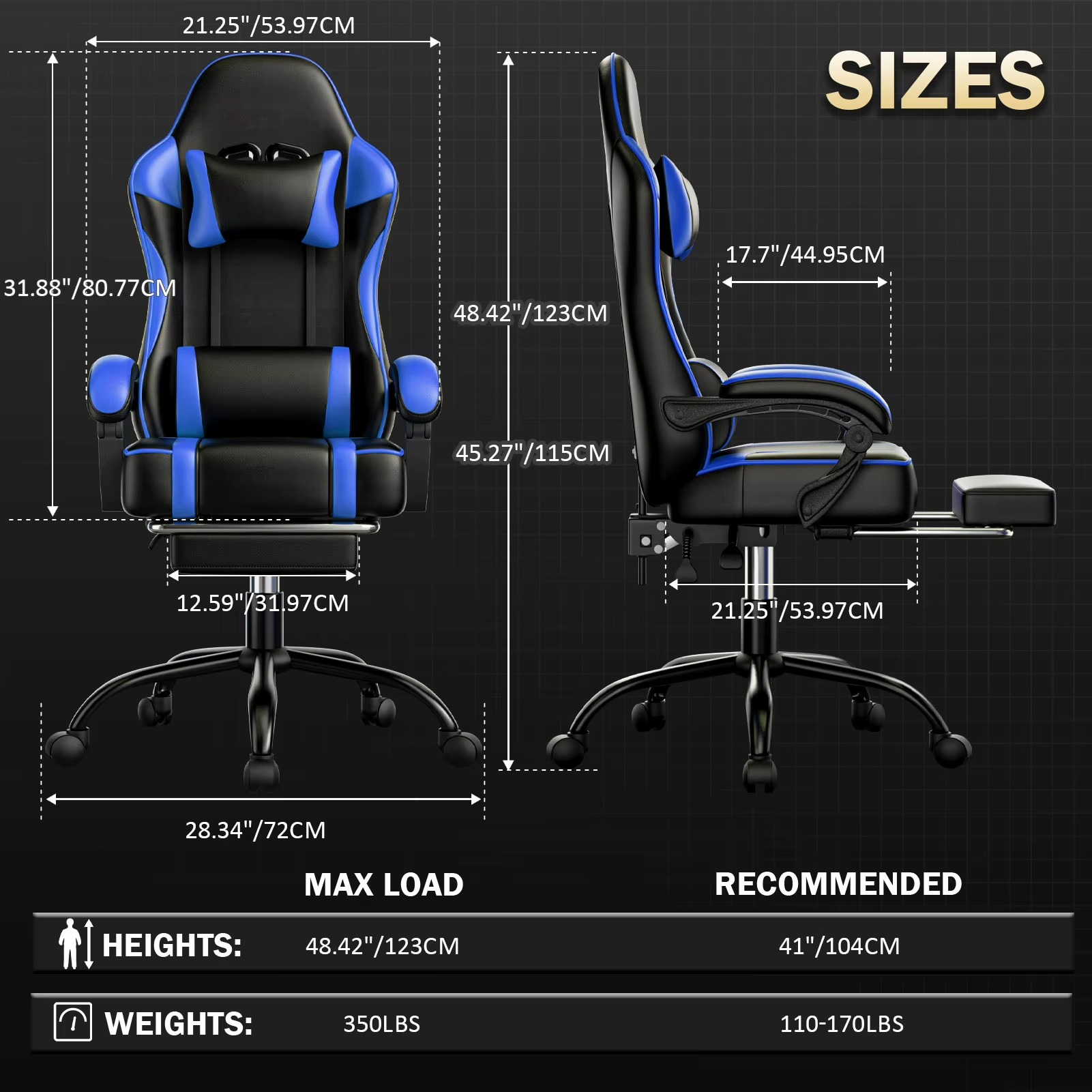 Magazaw ergonomic gaming chair with massager featuring size dimensions and ergonomic design