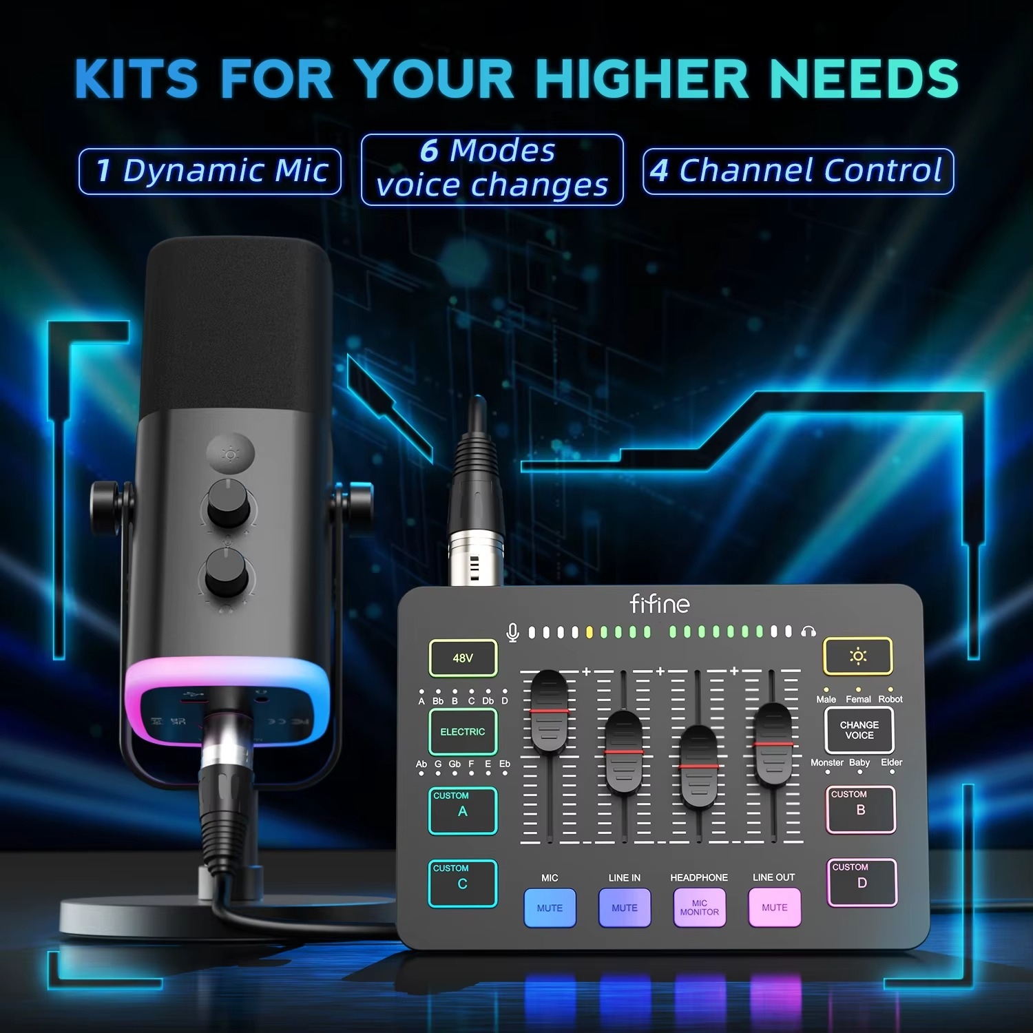 FIFINE podcast kit with RGB mixer featuring dynamic mic and voice change modes for enhanced audio control