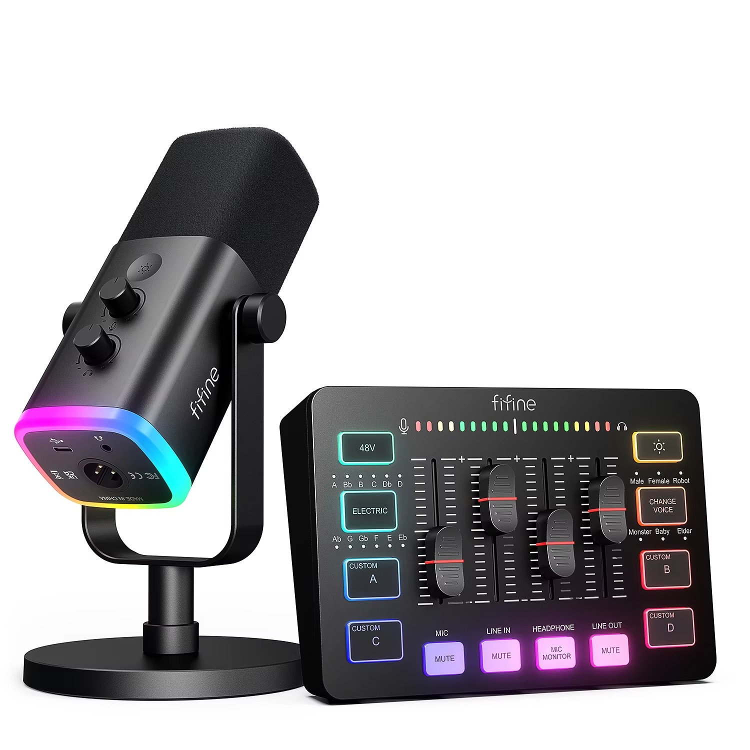 FIFINE podcast kit with RGB mixer featuring a stylish microphone and colorful sound control interface