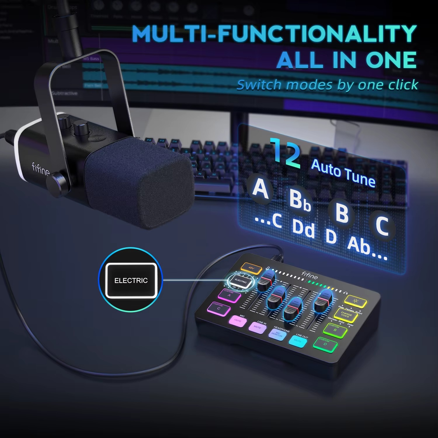FIFINE podcast kit with RGB mixer featuring a microphone and auto-tune controls for versatile audio production