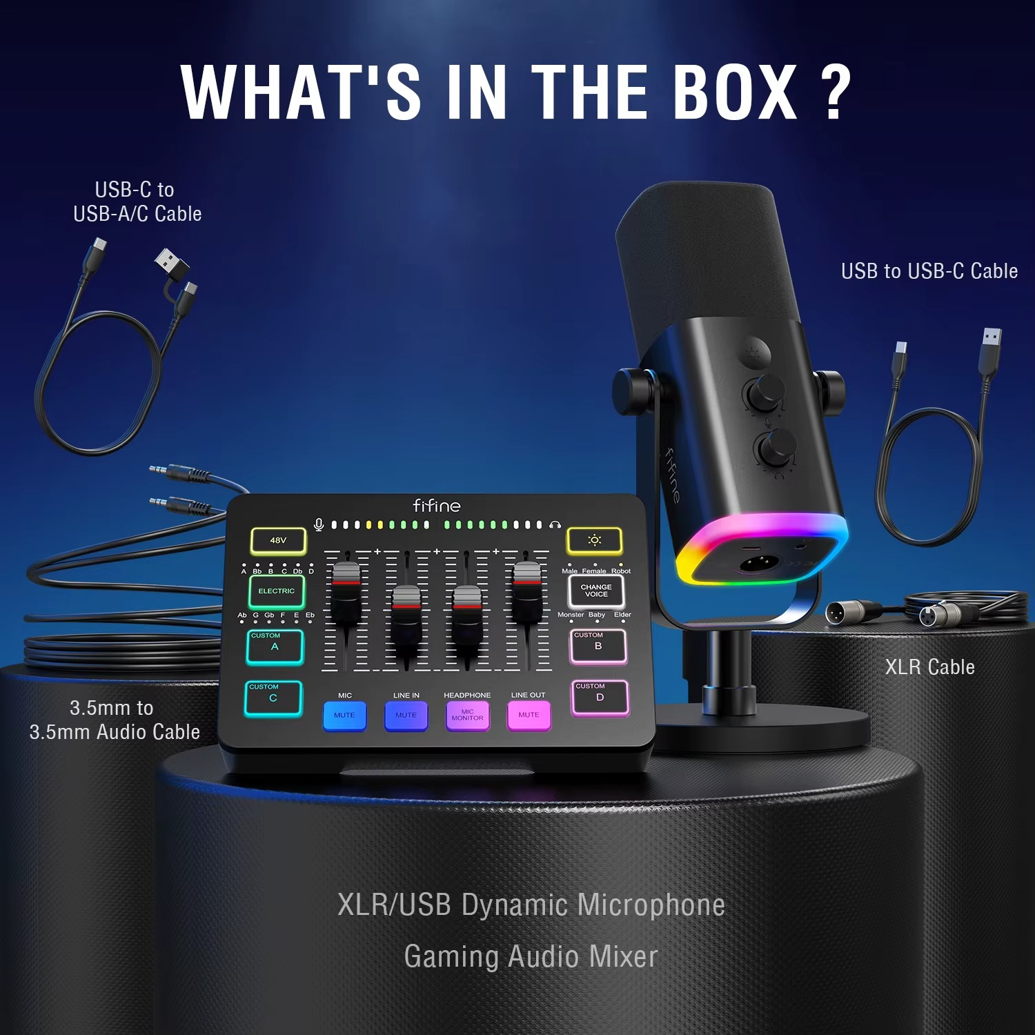 FIFINE podcast kit with RGB mixer including microphone, audio cables, and USB connections