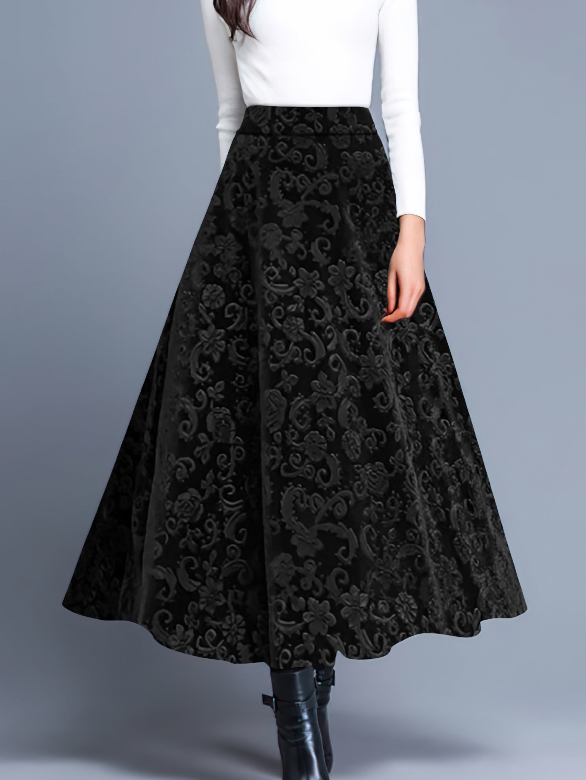Voocci floral pattern high waist skirt in elegant black, perfect for stylish casual or formal wear