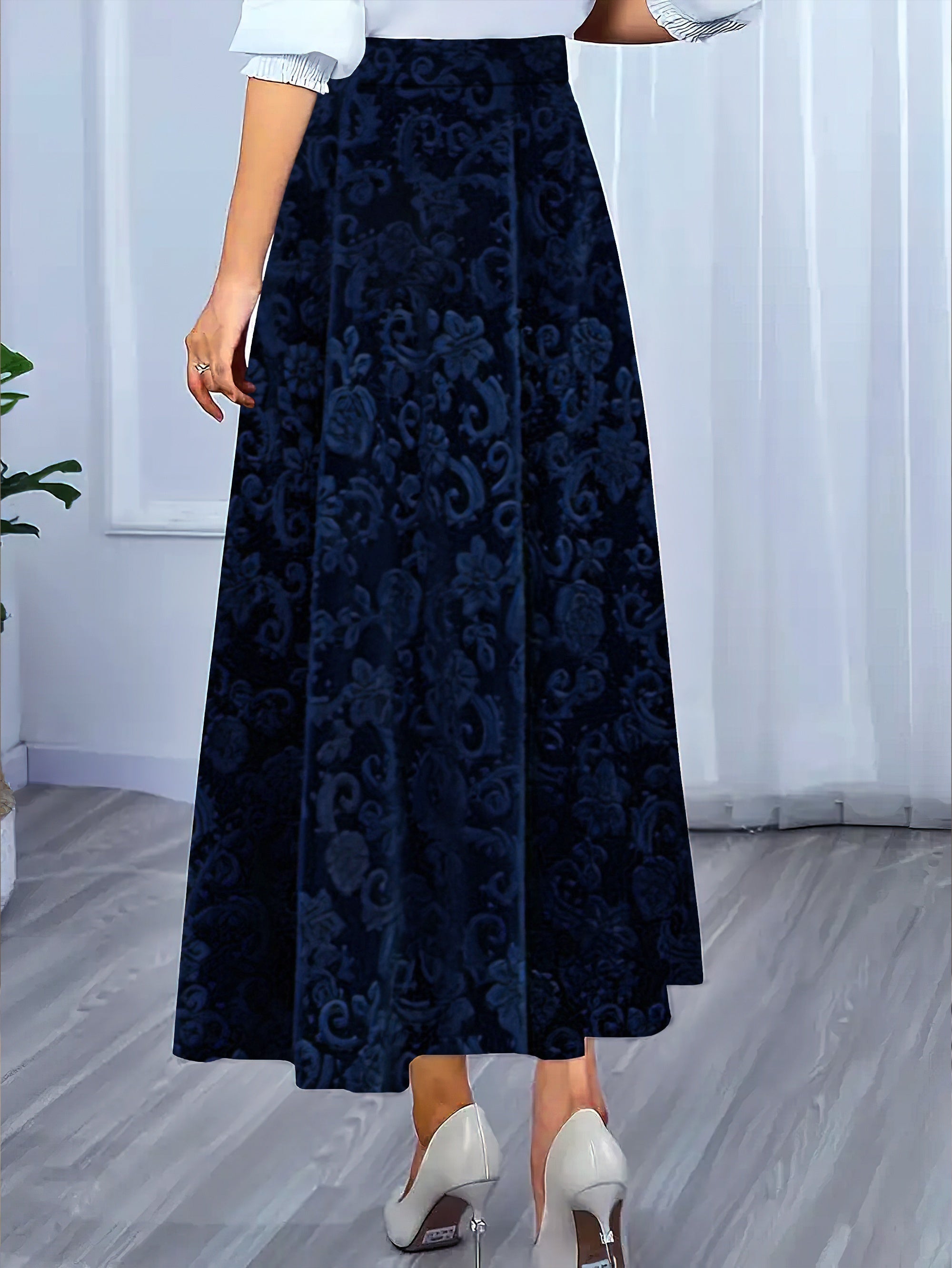 Voocci floral pattern high waist skirt in dark blue with a flowing design and elegant silhouette