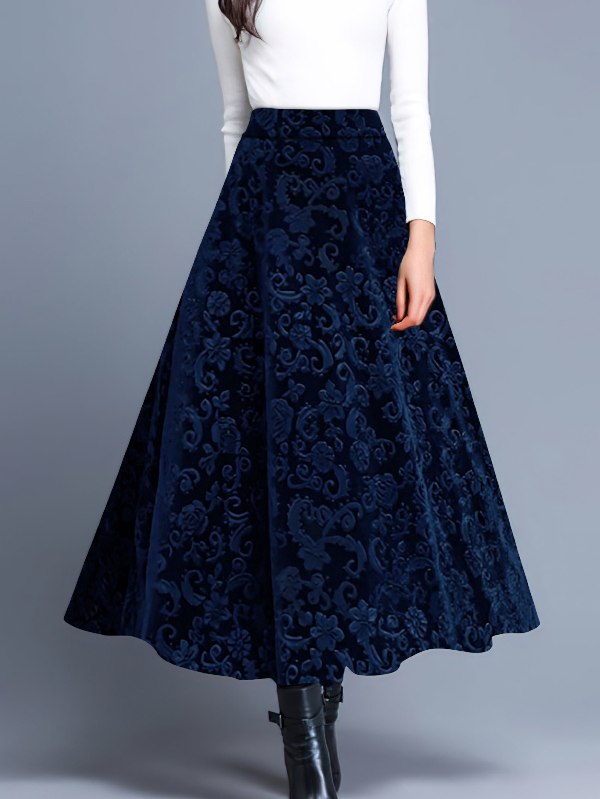 Voocci floral pattern high waist skirt in a rich navy color, elegant and flowy for stylish occasions