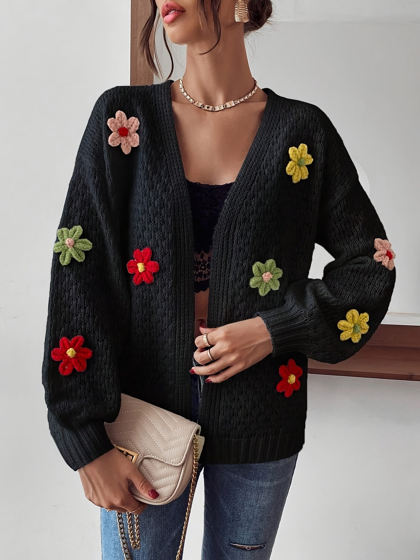 Voocci floral pattern women's cardigan in black featuring colorful flower appliques and a cozy fit