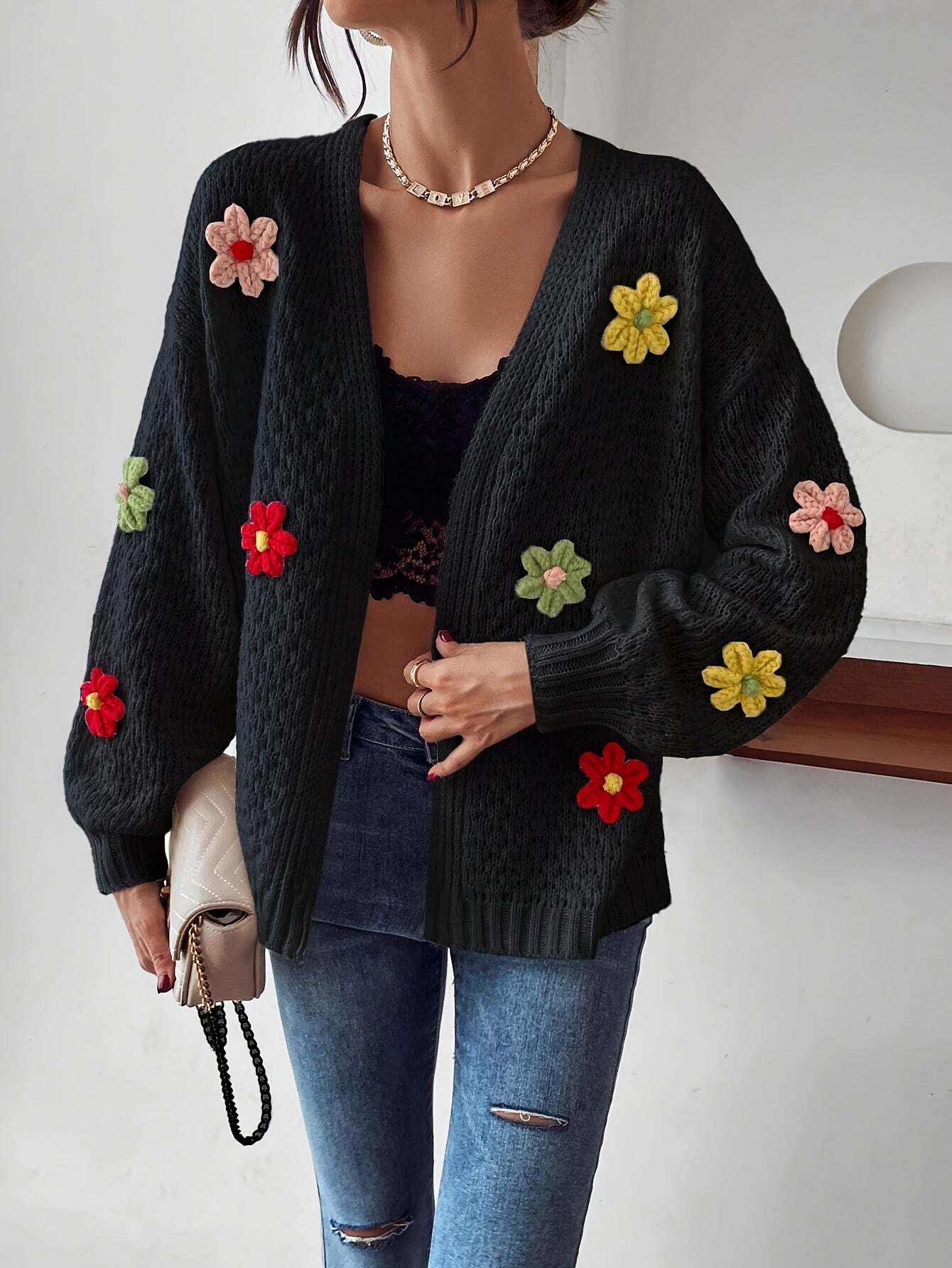 Voocci floral pattern women's cardigan with colorful flower appliques and relaxed fit for stylish outfits