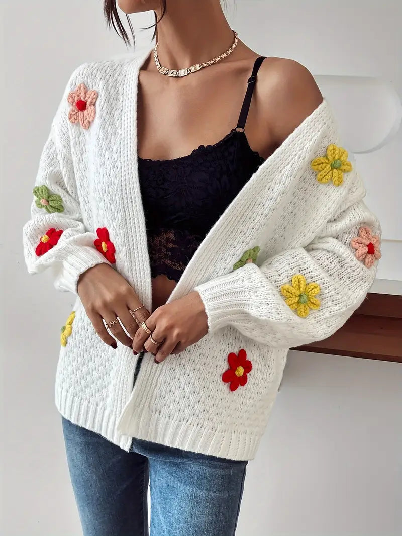 Voocci floral pattern women's cardigan in white with colorful flower embellishments for a stylish look
