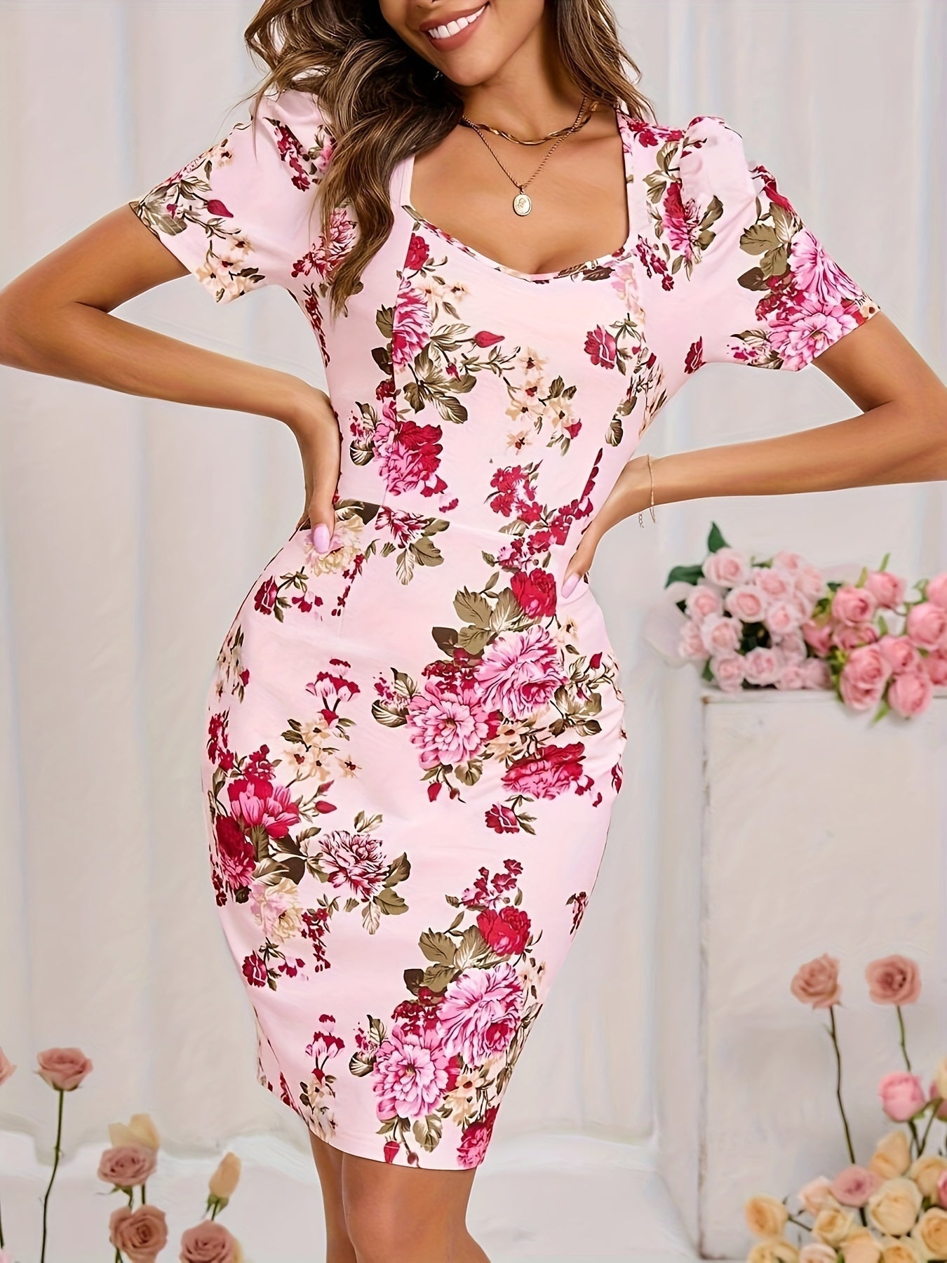 Voocci floral print square neck dress in pink with short sleeves and a fitted silhouette
