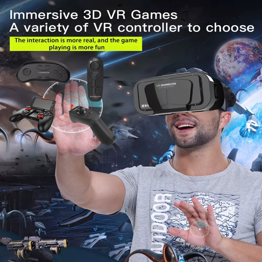 User enjoying immersive 3D VR Games with G10 VR Gaming Glasses and various controllers