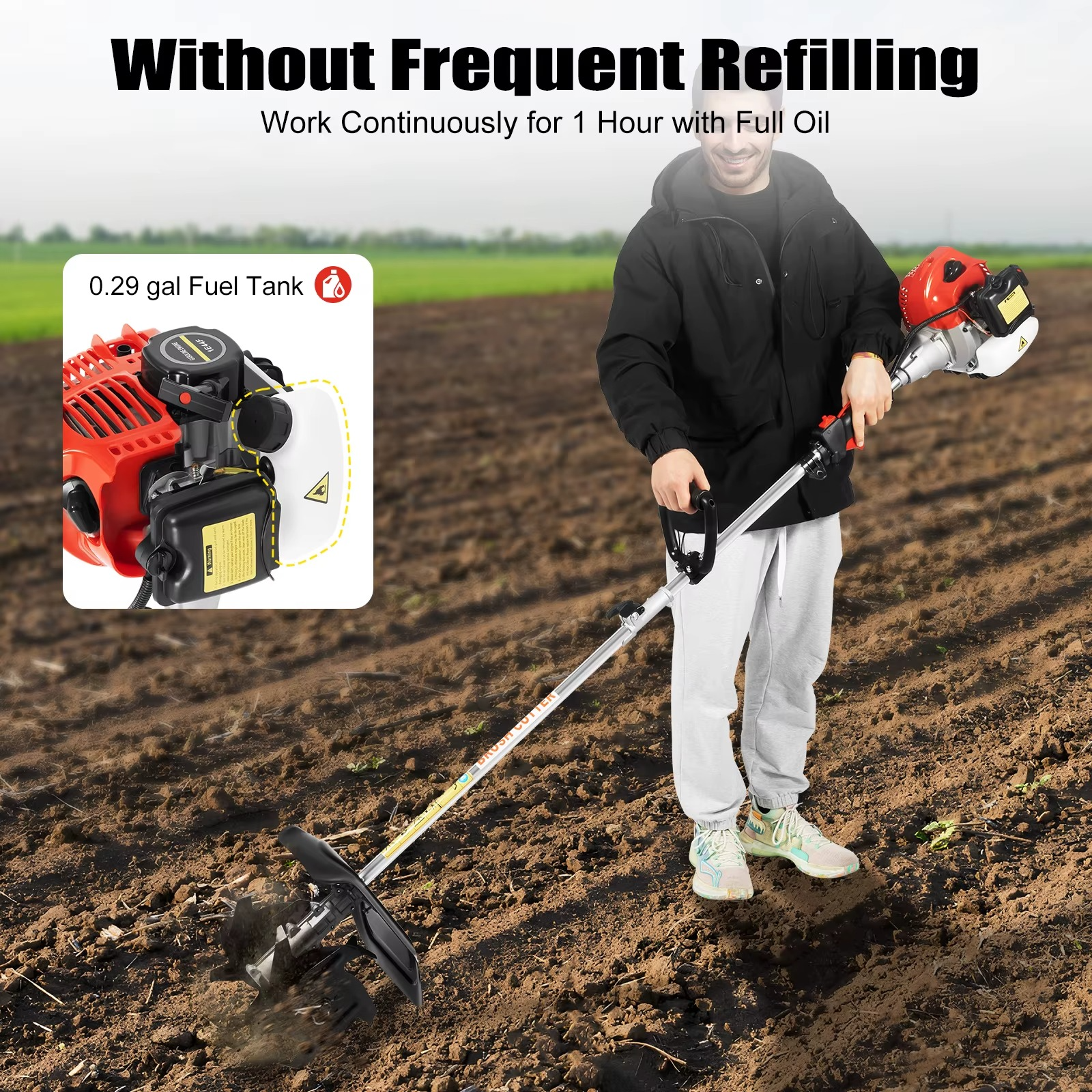 Magazaw gas-powered garden tiller with 0.29 gal fuel tank for continuous work without frequent refilling
