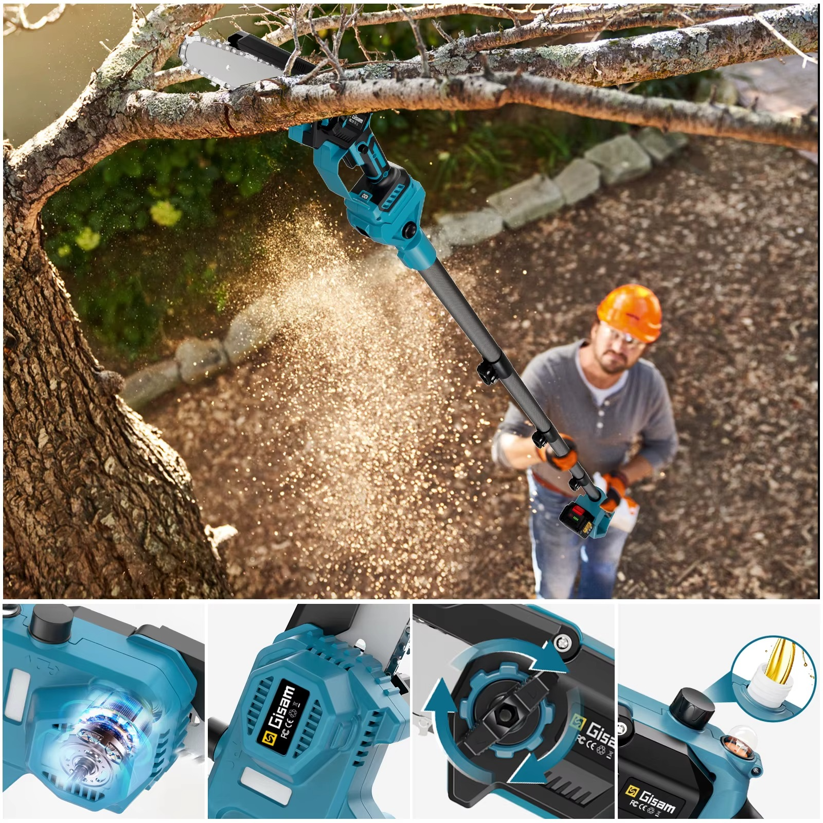 Magazaw Gisam brushless pole chainsaw in action, trimming tree branches with precision and ease