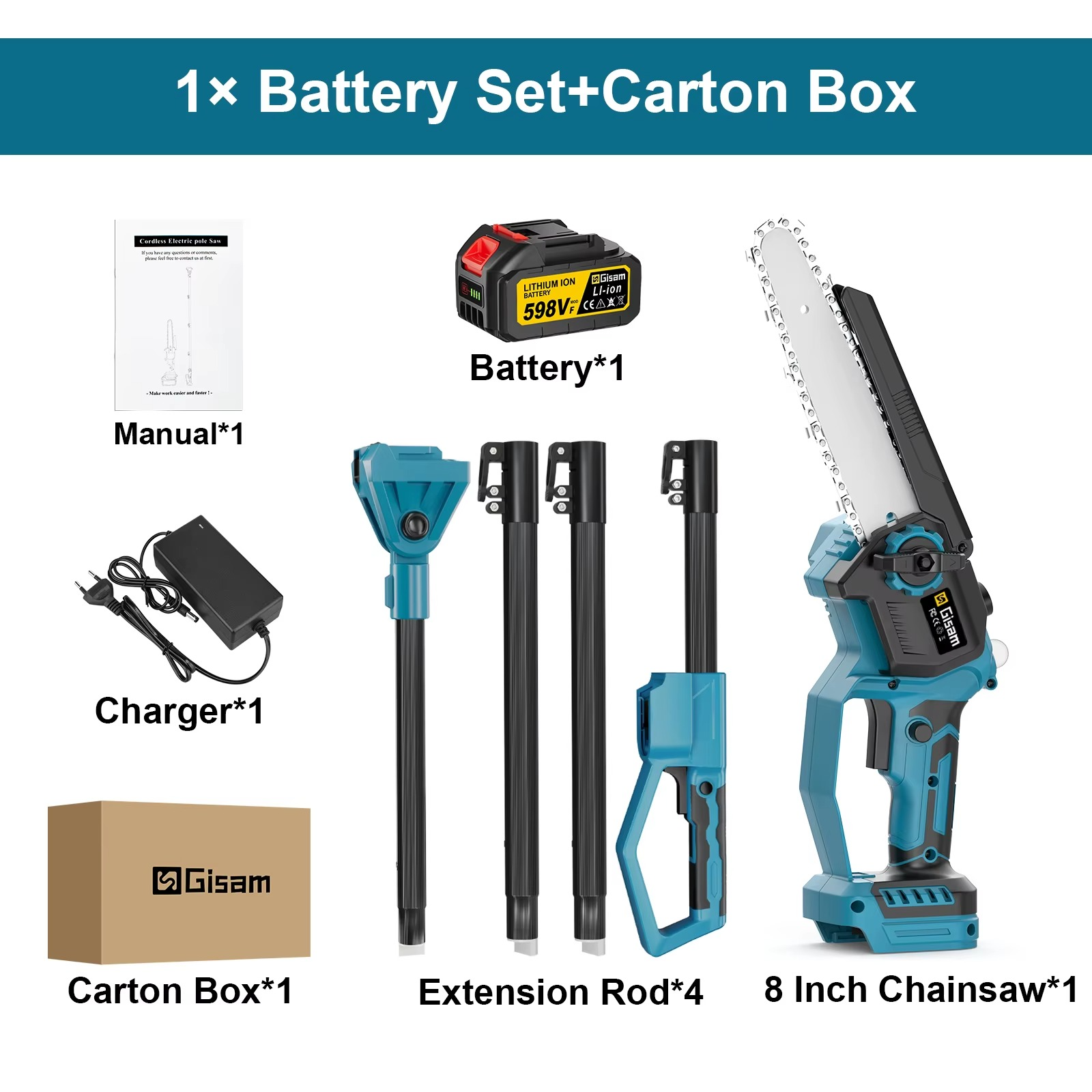 Gisam brushless pole chainsaw kit including battery, charger, extension rods, and 8 inch chainsaw
