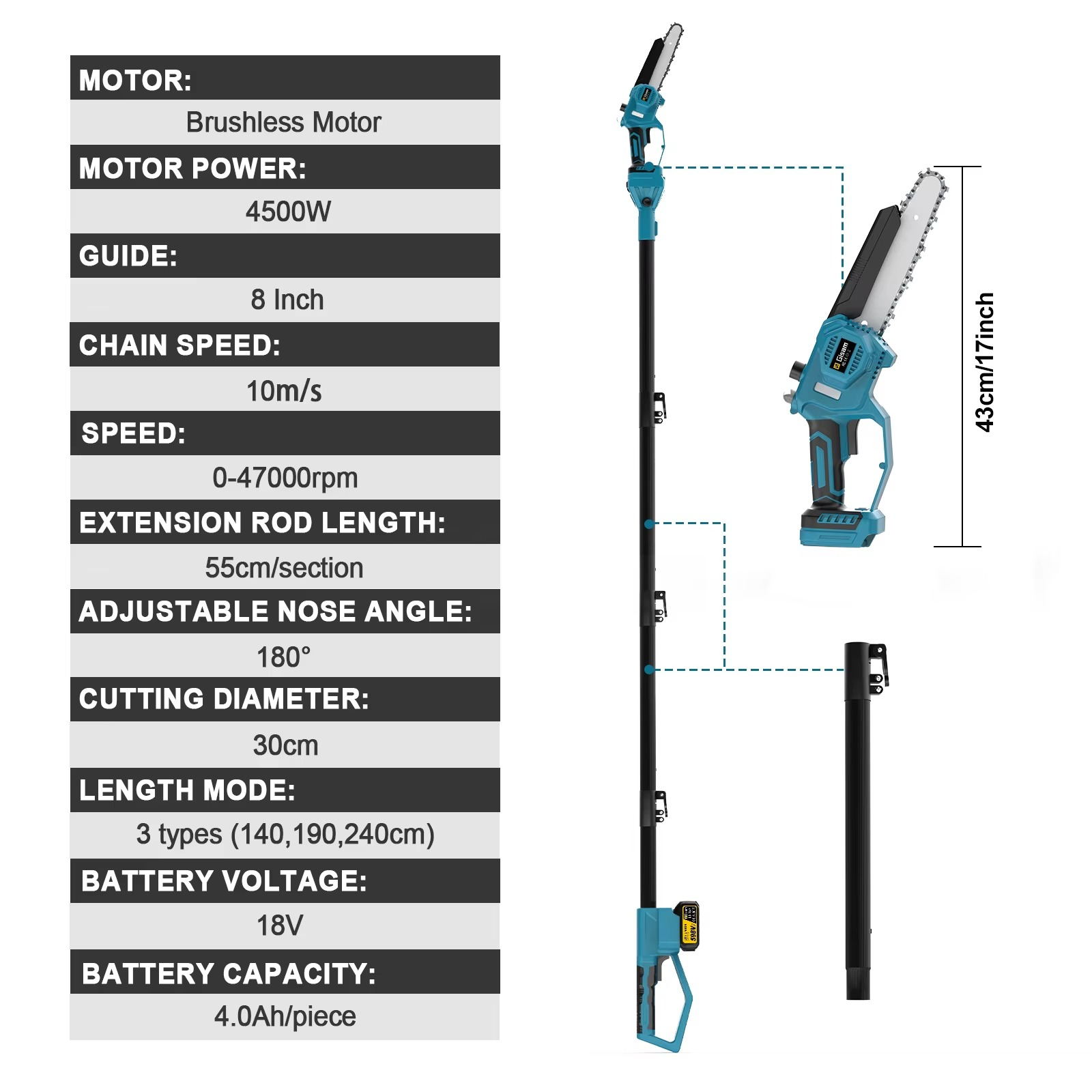 Gisam brushless pole chainsaw with 4500W motor and adjustable 180-degree angle for efficient tree trimming