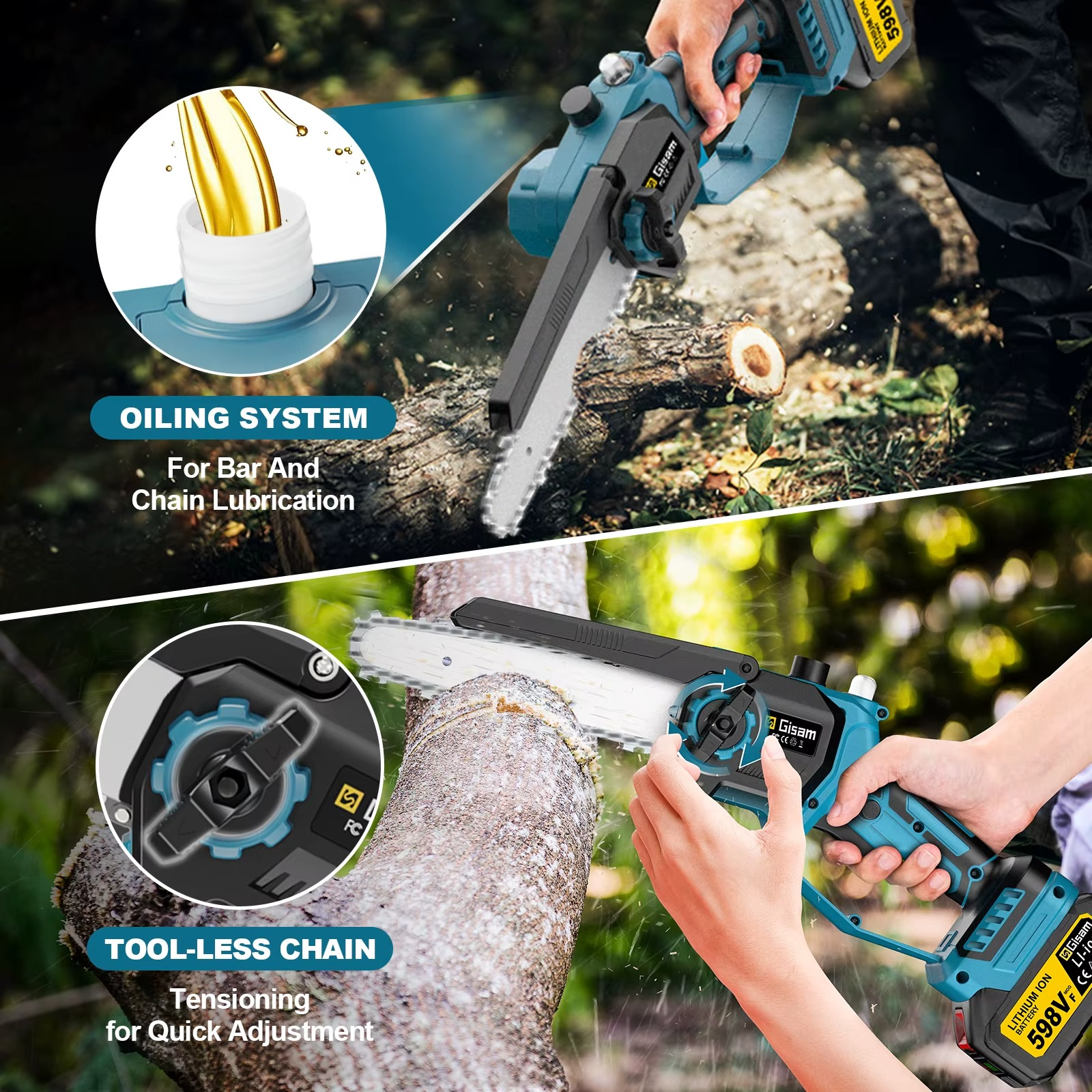 Gisam brushless pole chainsaw with oiler and tool-less chain tensioning for easy adjustments