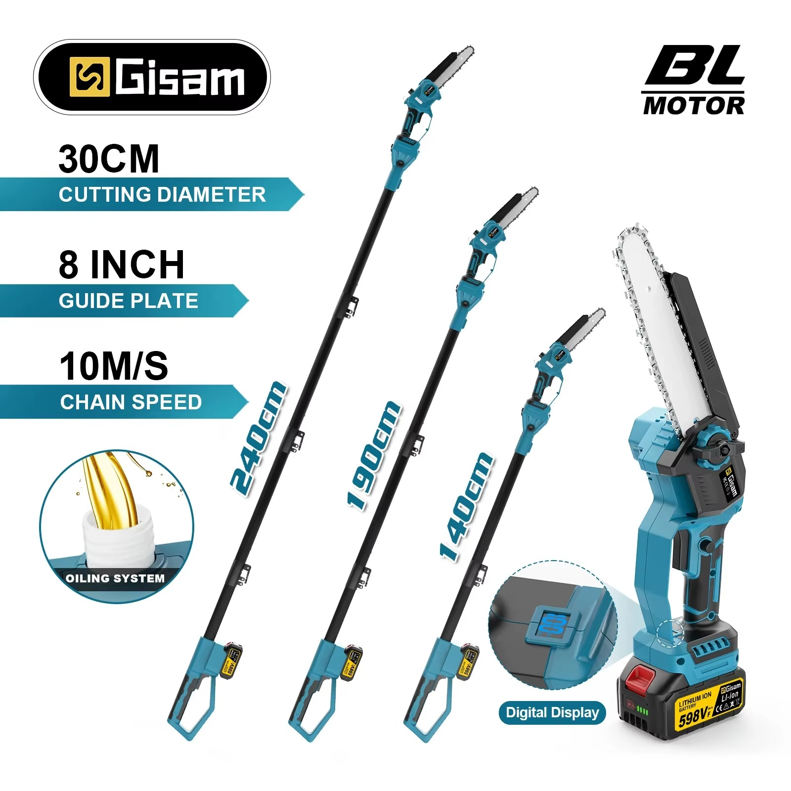 Gisam brushless pole chainsaw featuring a 30cm cutting diameter and adjustable lengths for enhanced reach
