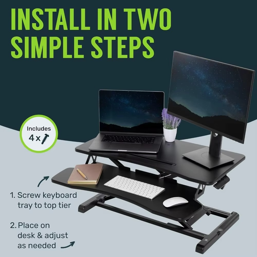 Magazaw height adjustable desk converter for easy sit-stand transitions with keyboard tray and dual monitor setup