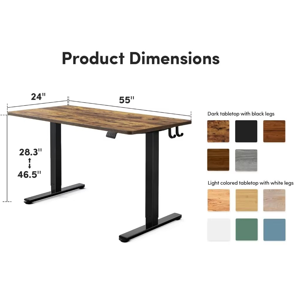 Magazaw height adjustable standing desk with dark tabletop and black legs, showcasing dimensions and colors