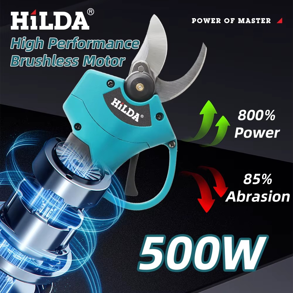 HILDA cordless garden pruner with a powerful 500W brushless motor for efficient cutting