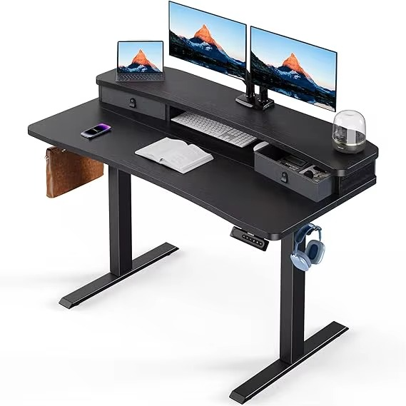 Magazaw adjustable standing desk with drawers featuring dual monitors and organized workspace