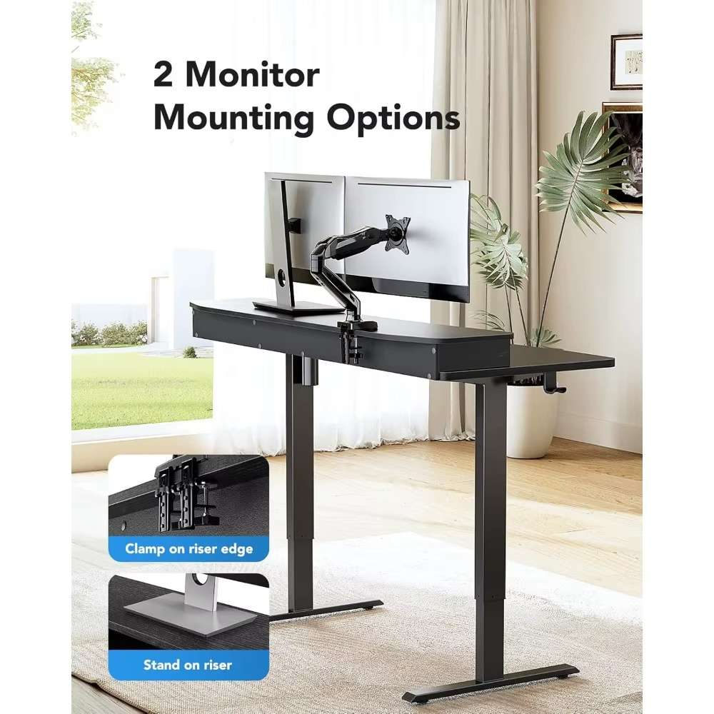 Magazaw adjustable standing desk with drawers featuring dual monitor mounting options for ergonomic workspaces