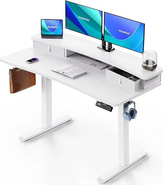 Magazaw adjustable standing desk with drawers featuring dual monitors and convenient storage space