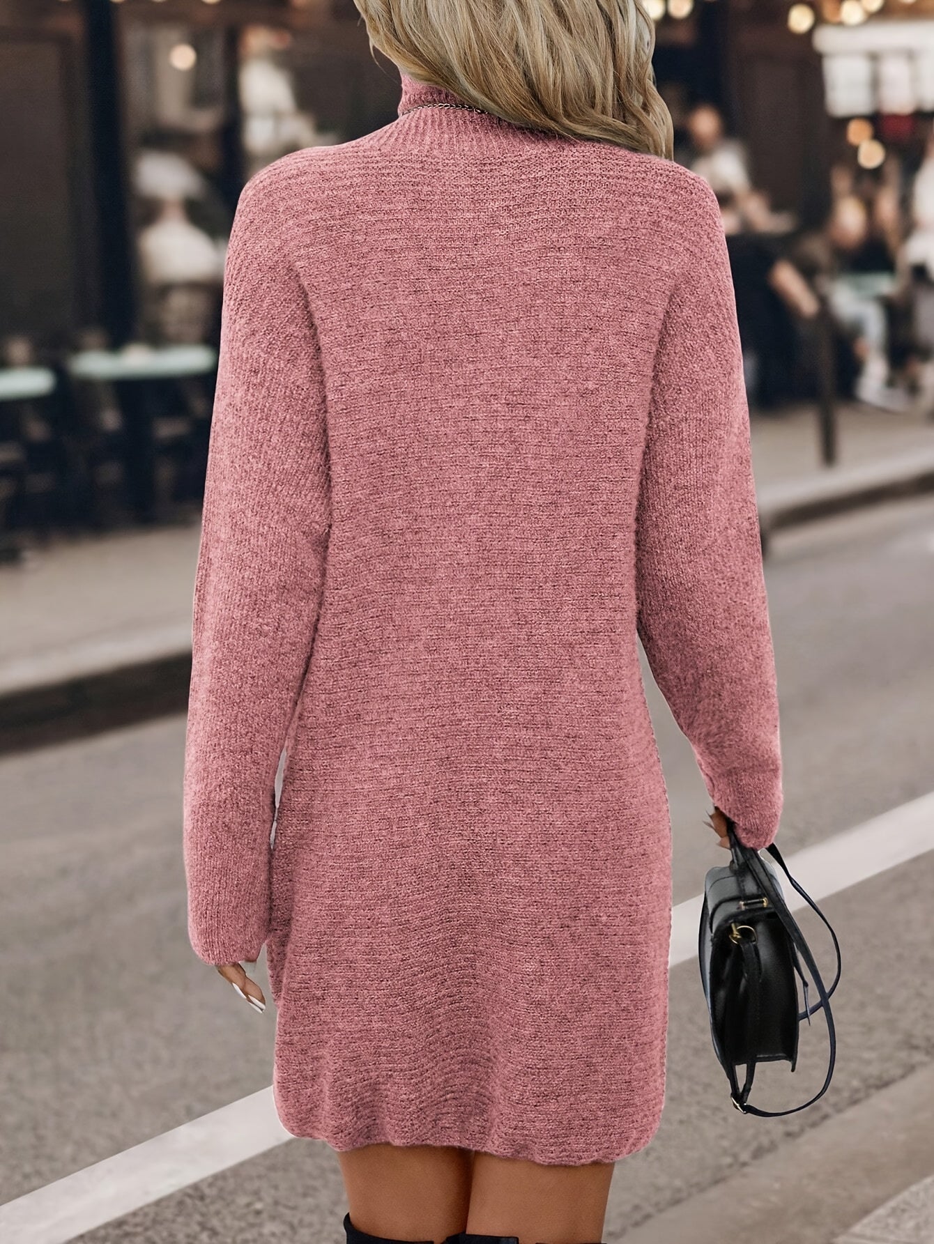 Voocci™ Knitted turtle neck sweater dress in soft pink, perfect for stylish and cozy winter looks