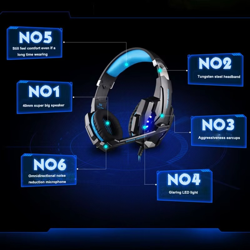 G9000 gaming headphones with a 40mm speaker, noise reduction mic, and glowing LED lights