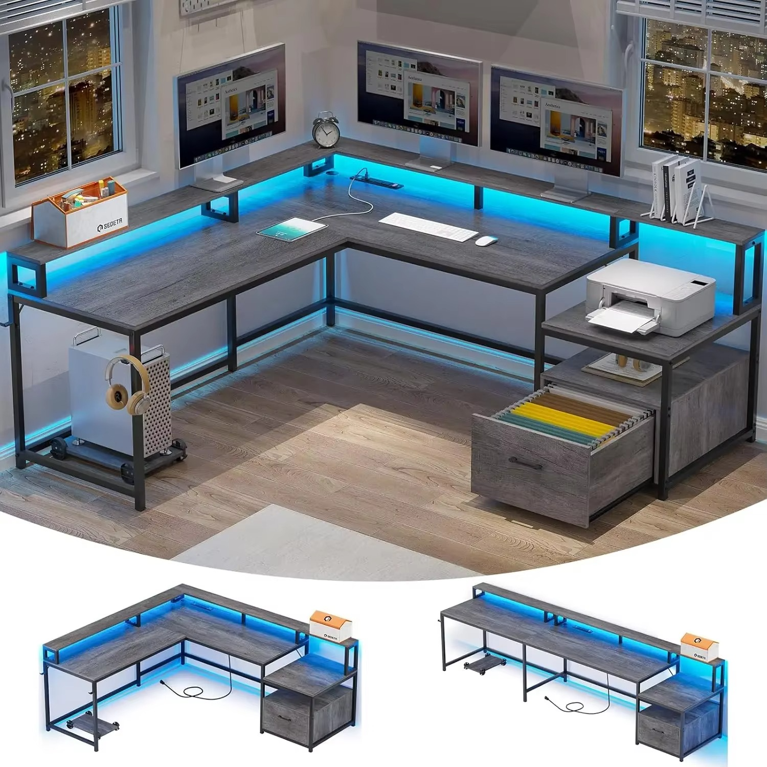 Magazaw L-shaped office desk with LED lights featuring modern design and spacious storage options