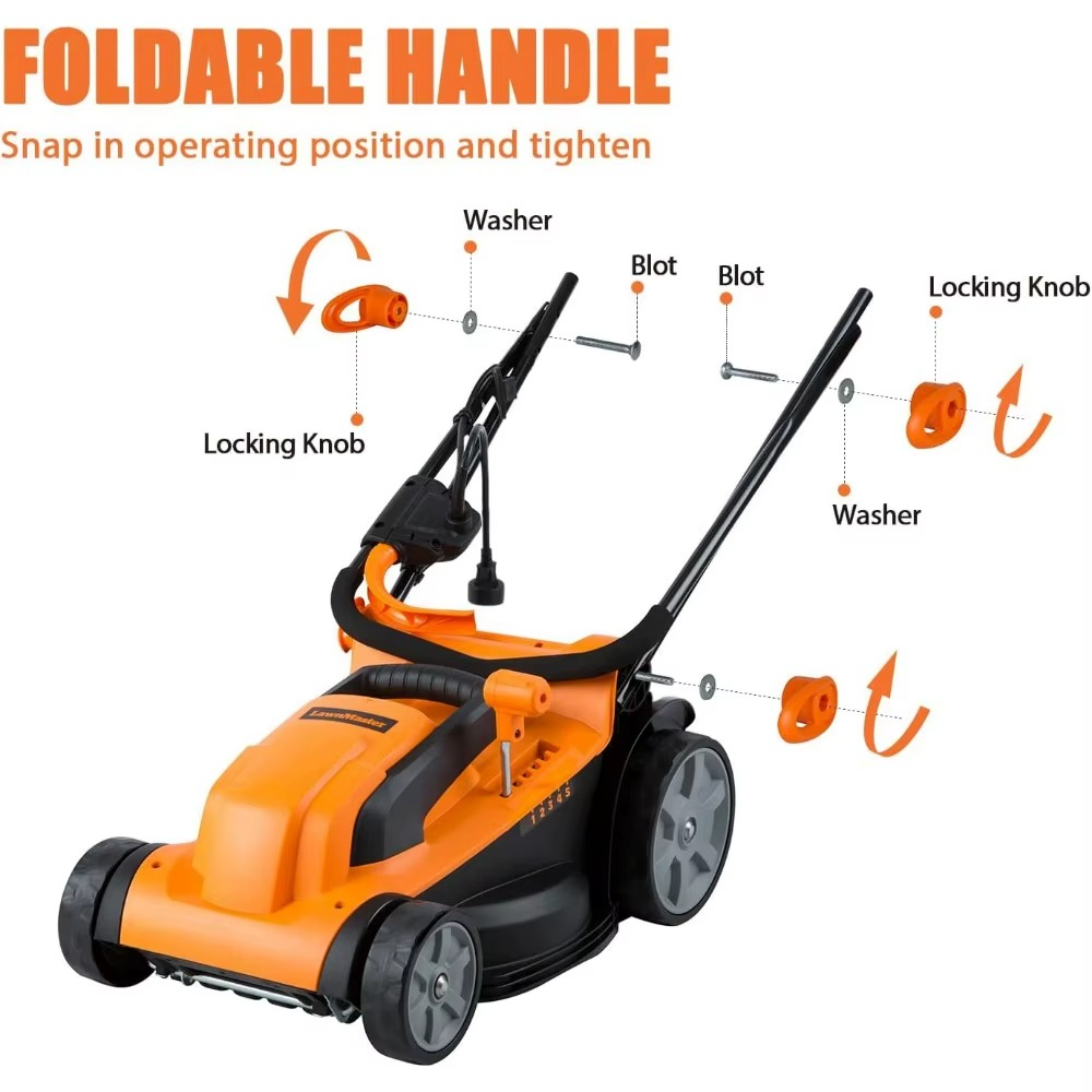 Magazaw electric lawn mower for small yards with a foldable handle for easy storage and maneuverability