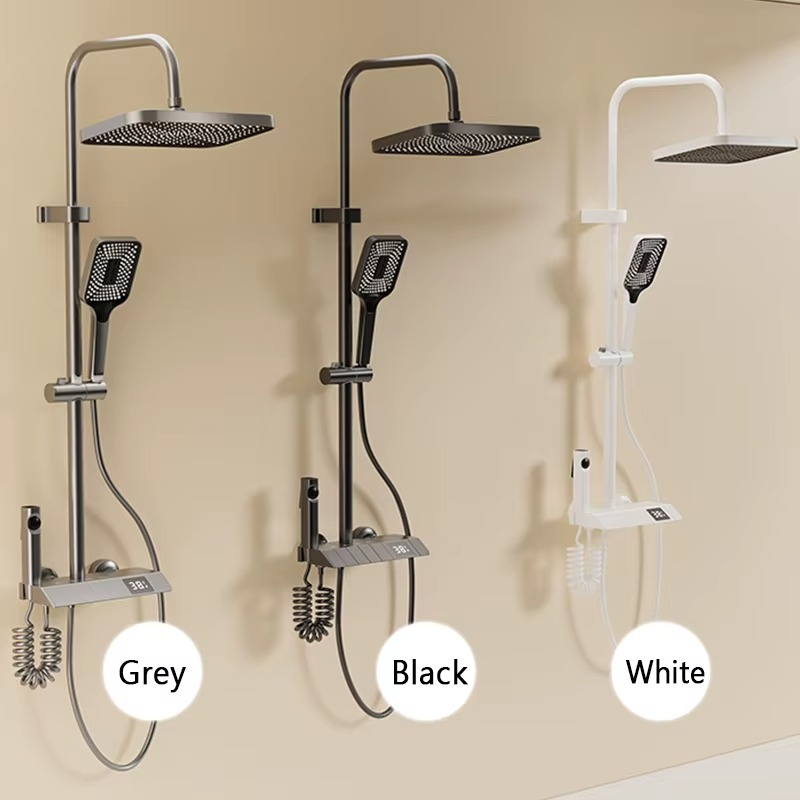 Magazaw LED rain shower set available in grey, black, and white finishes for a modern bathroom upgrade