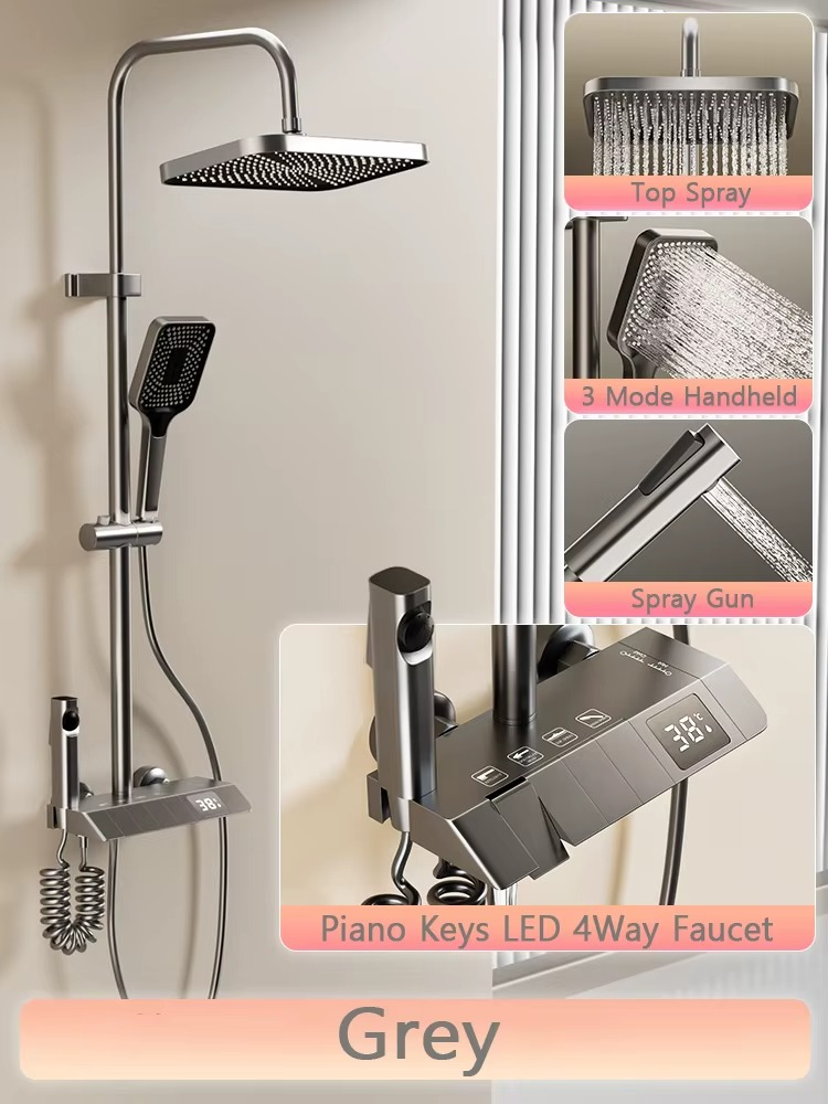 Magazaw™ LED rain shower set with top spray, handheld shower, and 4-way faucet controls in grey