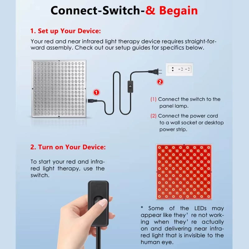 Setup instructions for Magazaw™ LED red light therapy panel with connection guide and power switch