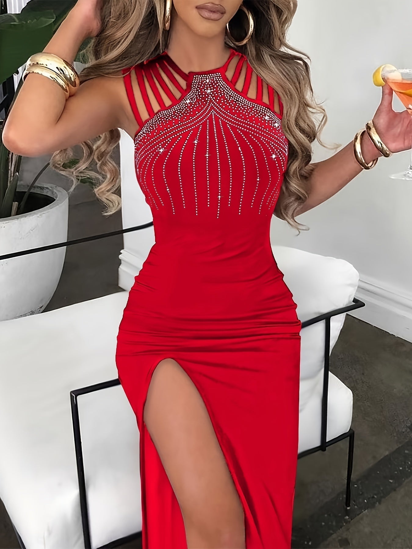 Voocci luxury evening dress in red with jeweled detailing and thigh-high slit for glamorous occasions