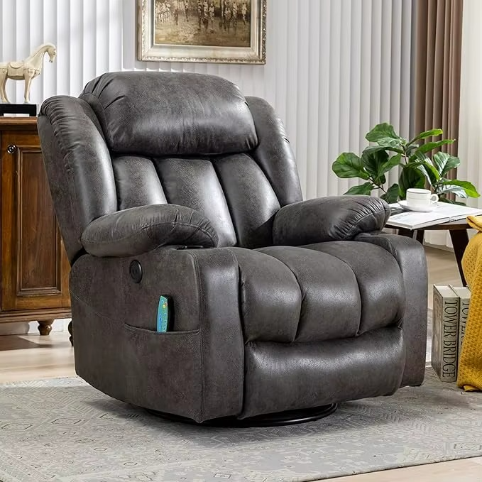 Comfortable Magazaw™ massage swivel rocker recliner in dark gray with plush padding