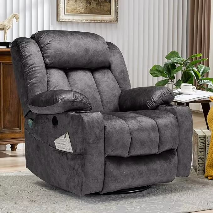 Magazaw™ Massage Swivel Rocker Recliner in Gray Fabric for Ultimate Relaxation and Comfort