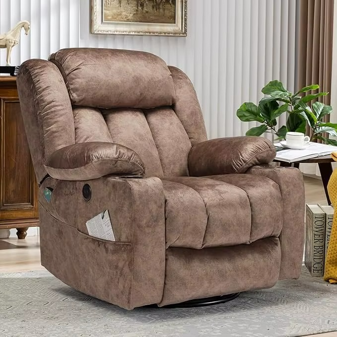 Magazaw massage swivel rocker recliner with plush brown upholstery for ultimate comfort and relaxation
