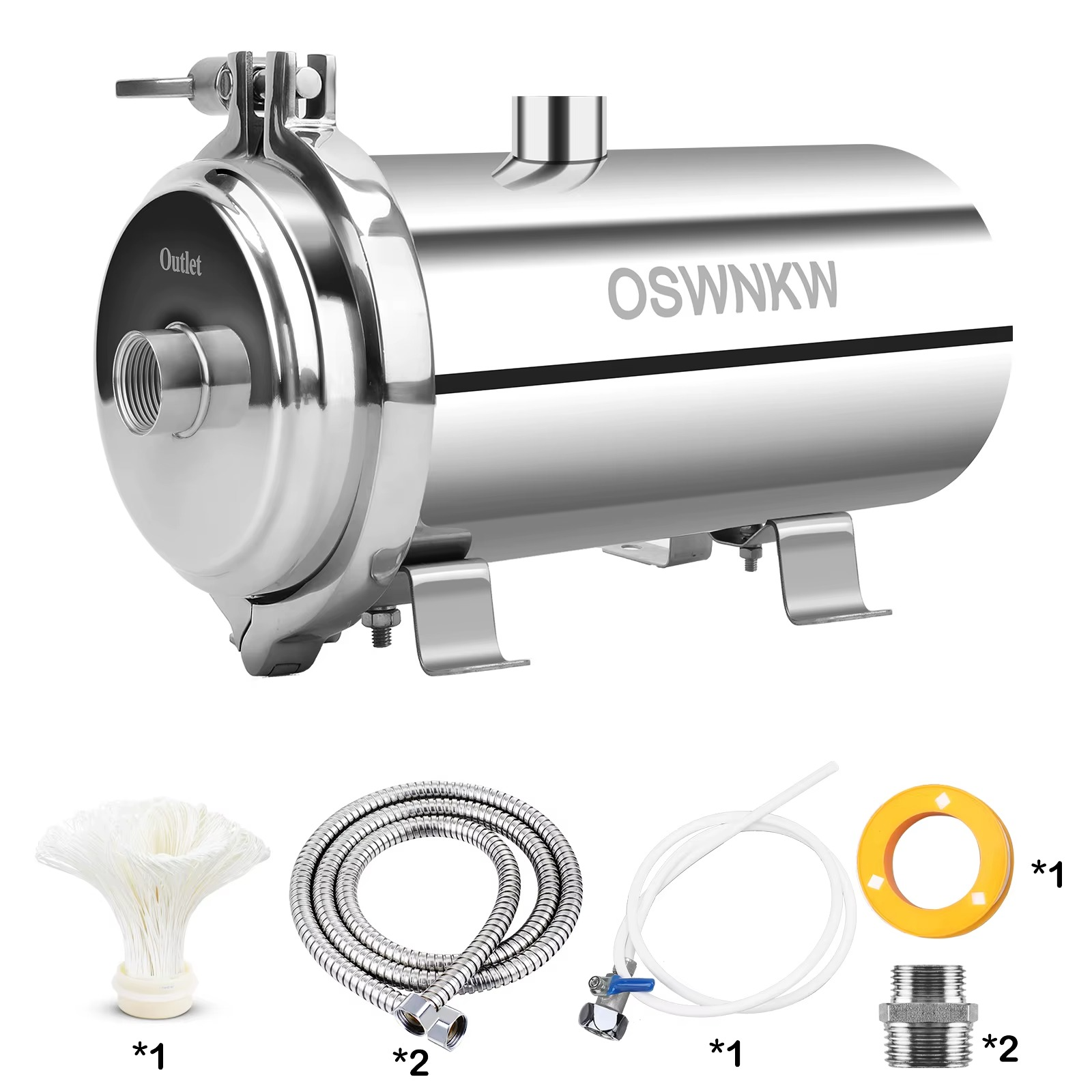 Magazaw whole house water purifier made of stainless steel with various accessories included