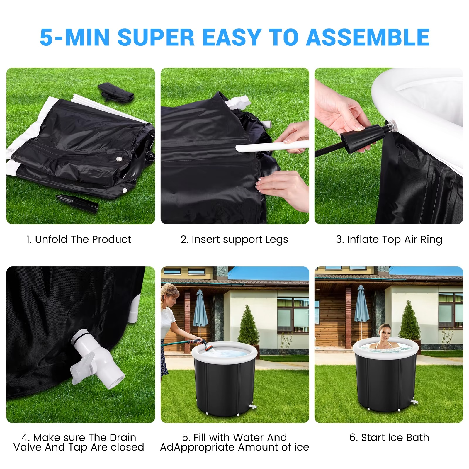 Step-by-step assembly guide for the portable ice bath for athletes, showing setup process in four images