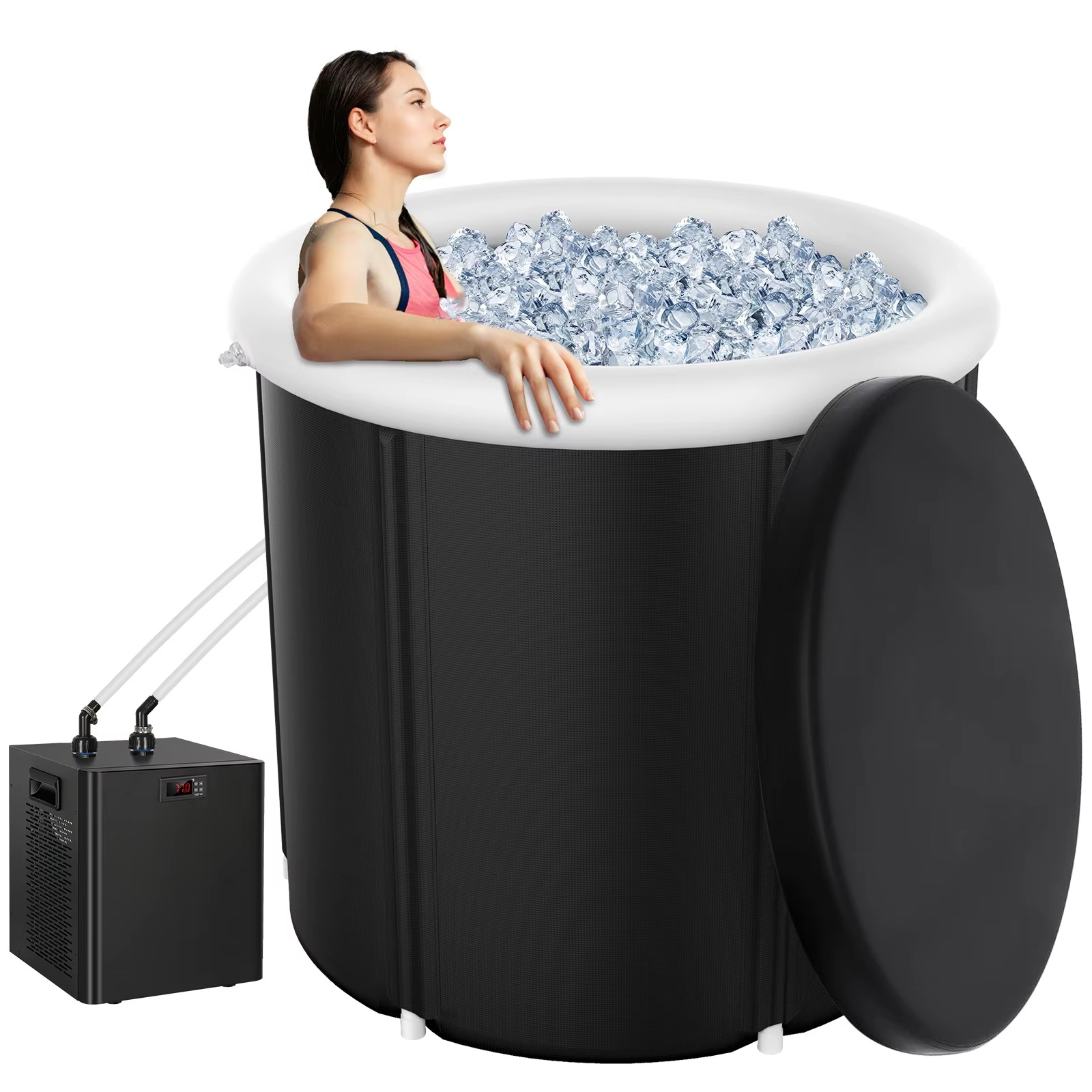 Magazaw portable ice bath for athletes with woman sitting in ice, promoting muscle recovery and relaxation