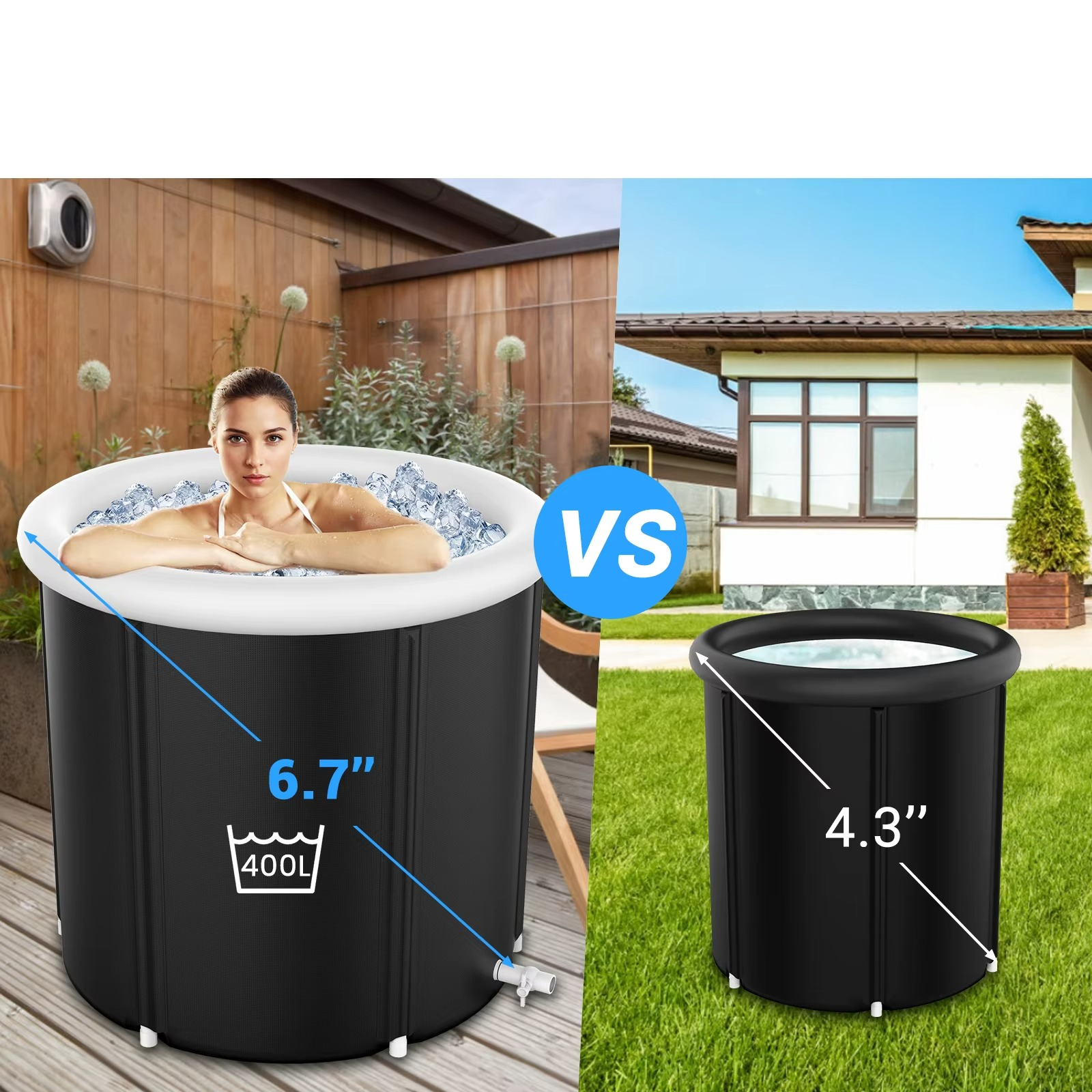 Magazaw™ portable ice bath for athletes with two size comparisons set outdoors
