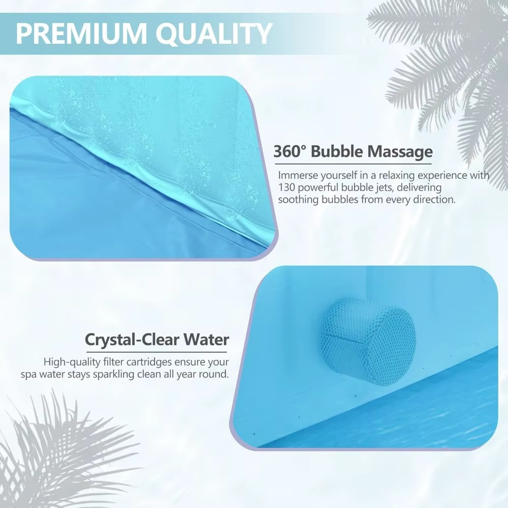 Portable inflatable hot tub with 360 bubble massage feature and crystal-clear water filtration system